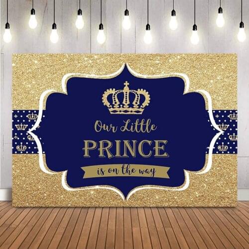 Little Prince Baby Shower Backdrop Boy Gold Glitter Crown Baby Shower Party Decoration Banner Gender Reveal Photocall