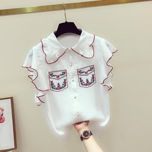 Chiffon Women Shirts Short Sleeve Korean Style Elegant Blouses Loose All-Match Doll-Sleeve Stylish White Tops Blusas MM0885