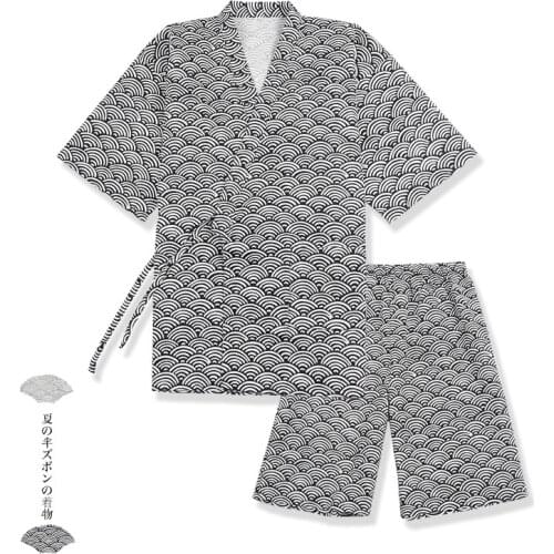 Japanese Traditional Style Pajamas Shorts Set Mens Sleep & Lounge Kimono Yukata Bathrobe Nightgown Leisure Sweat Steam Wear