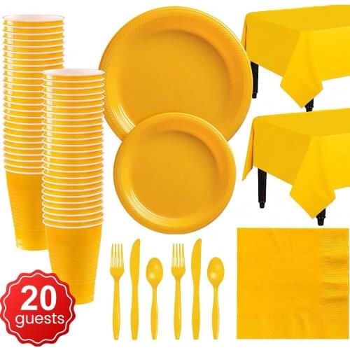 Yellow Plastic Tableware Party Supplies Set Plates Cups Table Cover Napkin Disposable Birthday Dinnerware Decoration Anniversary