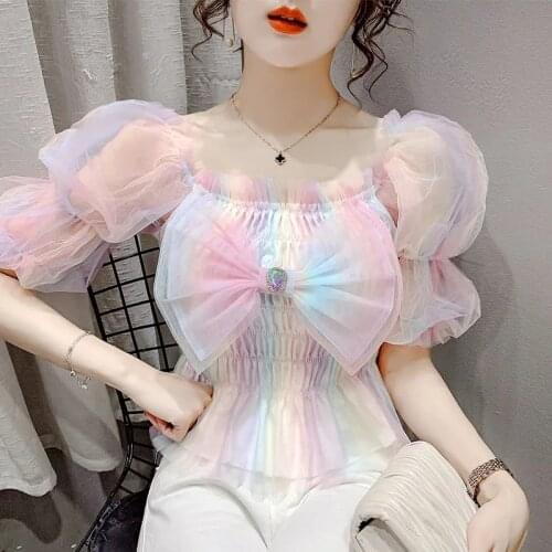 Women Korean Bow Rainbow Blouse Sweet Puff Sleeve Square Collar Slim Tops 2021 Summer Mesh Streetwear Short Blouses LN93