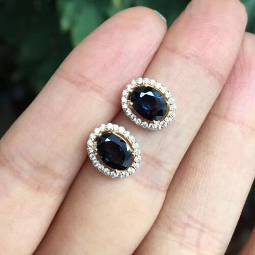 Natural Black Sapphire Stud Earrings For Women 925 Sterling Silver Fine Jewelry