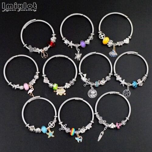 Fashion Girls Silver Color Stainless Steel Beads Bracelet Bangle With Pendant Shell Turtle Heart Leaf Charms Bracelets For Women
