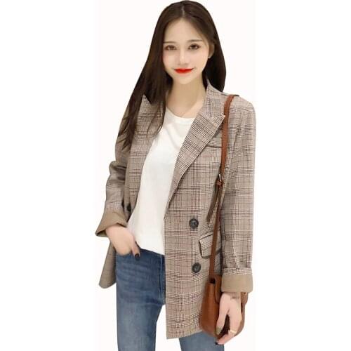 2020 high quality Vintage Double Breasted Plaid Women Blazer Pockets Jackets Female Retro Suits Coat Feminino blazers Outerwear