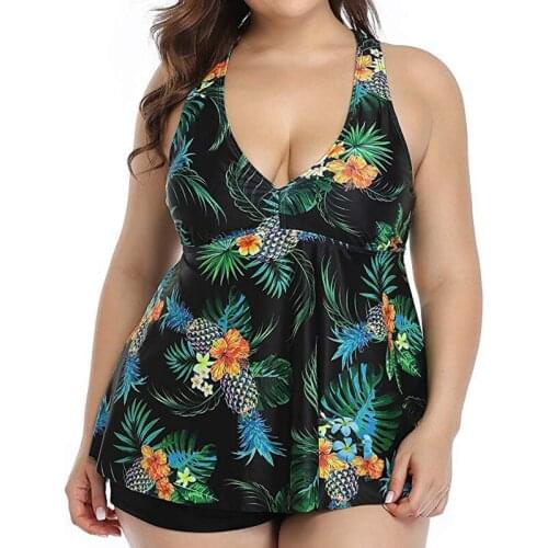 Plus Size 5XL Bodysuits Print Bathing Suit Womens Push up Vintage Retro Two Piece Swimwear Tankini Set Tummy Control Swimsuit