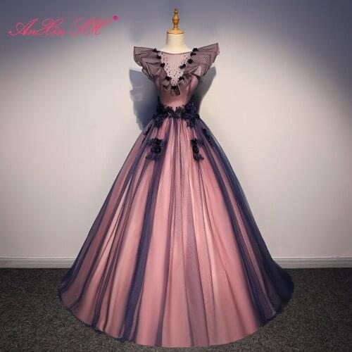 AXJFU princess pink lace black flower evening dress vintage stage o neck beading flower crystal big ruffles evening dress