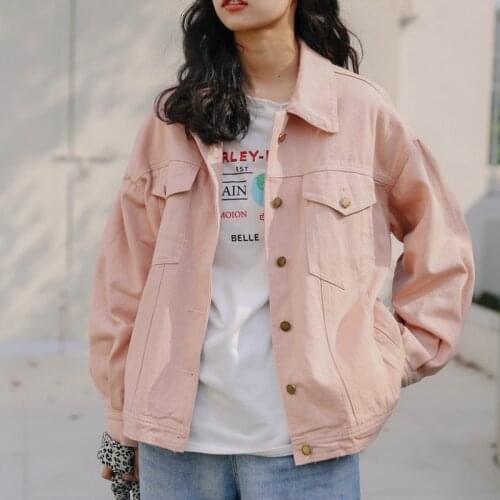 Zoki Fashion Women Short Jean Jacket Autumn 2021 Loose Preppy Style Pink Denim Coats Long Sleeve Designer Female Clothes 2021