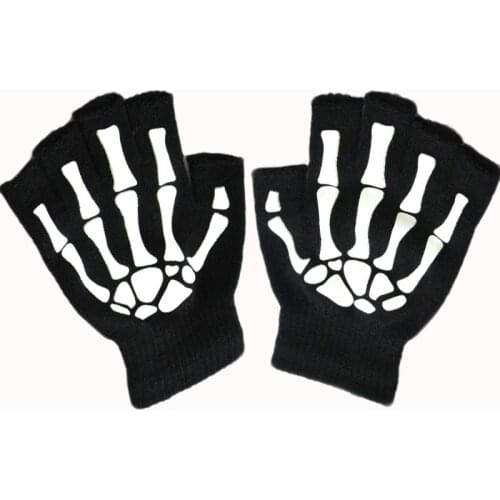 1Pair Warm Knitting Gloves For Adult Half Finger Gloves Human Skeleton Head Gripper Print Cycling Hiking Non-slip Wrist Gloves