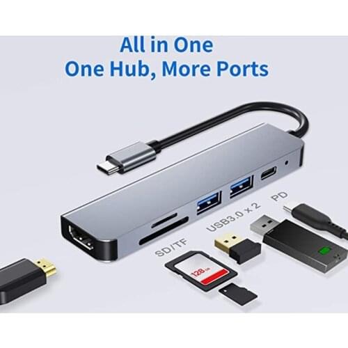 6 in 1 Type C Hub 3.0 to HDMI-compatible Adapter 4K Video USB3.0 SD/TF MicroSD Card Intelligent Docking Station Hub Fast