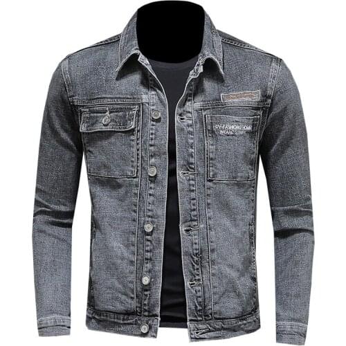 Chaqueta vaquera de estilo europeo para hombre, chaqueta vaquera gris de piloto de bombardero botonadura con una simple, abrigo