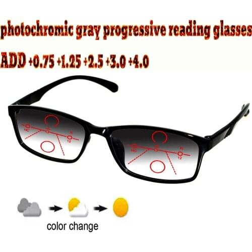 Photochromic Gray Progressive Multifocal Reading Glasses Men Woem Ultralight Black Frame+1.0 +1.5 +1.75 +2.0 +2.5 +3 +3.5 +4