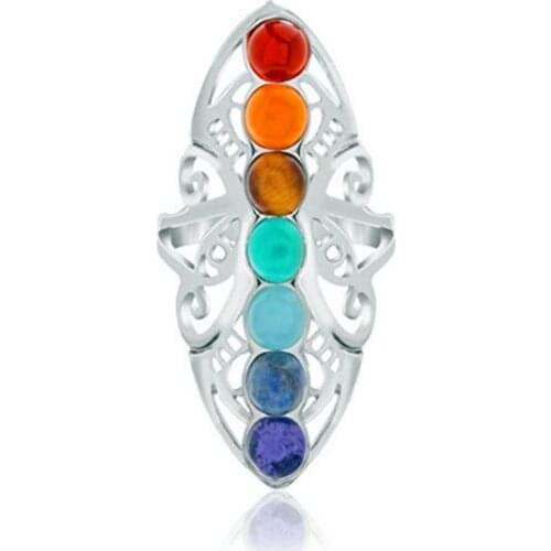 FYJS Silver Plated Ethnic Style 7 Color Stone Beads Resizable Ring Healing Chakra Balancing Jewelry