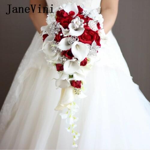 JaneVini 2019 Waterfall Red Wedding Flowers Bridal Bouquets Artificial Pearls Crystal Wedding Bouquets Bouquet De Mariage Rose