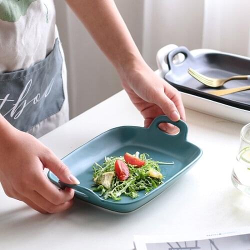 Ceramic Plate Food Tray Breakfast Salad Dish Double-ear Baking Pan Home Nordic Cheese Baked Dish Kitchen Oven Dinnerware 1pcs