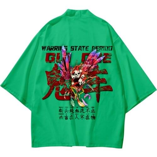 Green Beach Harajuku Japanese Sets 5XL 6XL Fashion Kimono Kimetsu No Yaiba Men Women Cardigan Haori Obi Asian Clothes Pant Suit