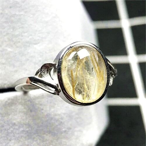 12x10mm Natural Gold Rutilated Quartz Ring Jewelry For Woman Lady Man Crystal Round Beads Silver Gemstone Adjustable Ring AAAAA