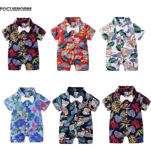 0-24M Summer Infant Baby Boys Gentleman Rompers Bow Flowers Print Short Sleeve Jumpsuits 5 Colors
