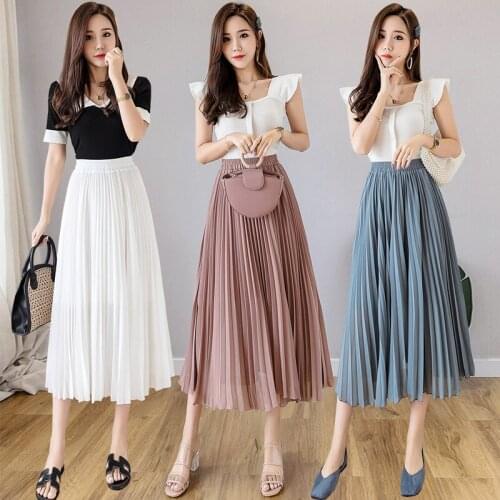 Summer Loose Chiffon Pleated Skirt Pink White Black Long Skirts For Women Clothes Faldas Casual Style Woman Clothes