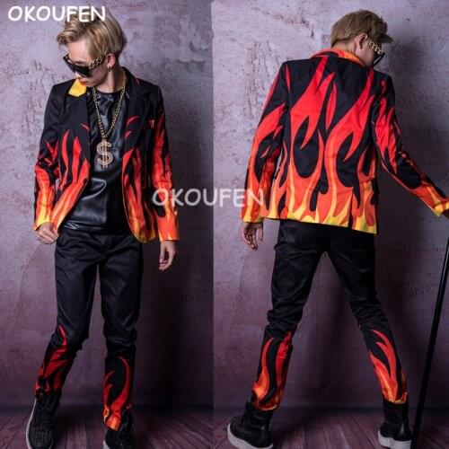 Nightclub male singer DJ party show catwalk flame print tide suits male long-sleeved suit hairdresser bar costume
