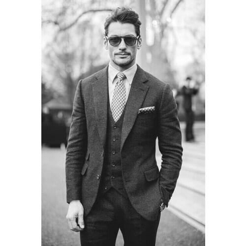 2017 Latest Coat Pant Design Black Grey Tweed Men Suit Jacket Tuxedo Slim Fit Skinny Groom Suits Custom 3 Piece Blazer Masculino