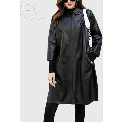 Novmoop sheepskin genuine leather women oversize trench coat elegant office lady wear spring autumn Gabardina de cuero LT3490