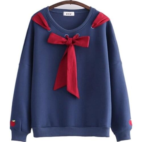 Solid Lace Up Fleece Women Sweatshirts 2021Winter Long Sleeve O-neck Plus Velvet Pullovers Sweet Style Female Harakuju Warm Tops