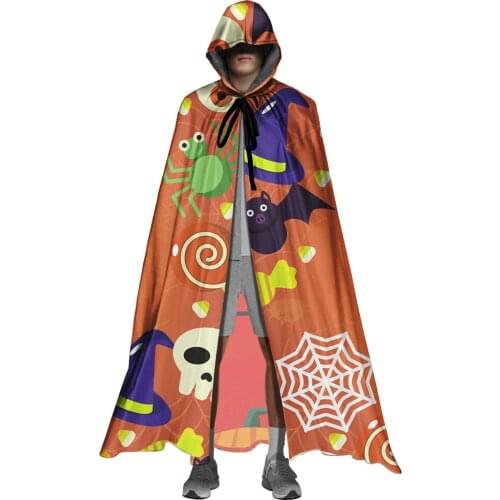 Orange Skull Ghost Bat Halloween Hooded Cloak Medieval Witches Princess Adult Hood Vampire Capes for Womens Mens Cosplay Costume