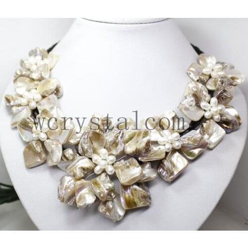 Nice Baroque White Pearl Seven MOP Shell Flower Bib Necklace
