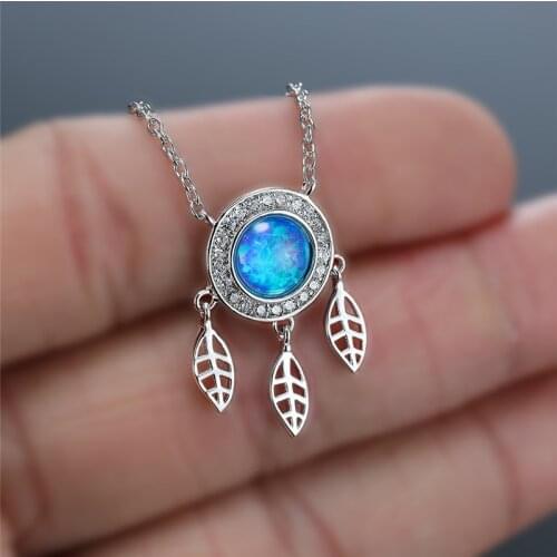 White Blue Opal Round Stone Pendant Necklace Cute Hollow Small Leaf Tassel Necklace Charm Silver Color Chain Necklaces For Women