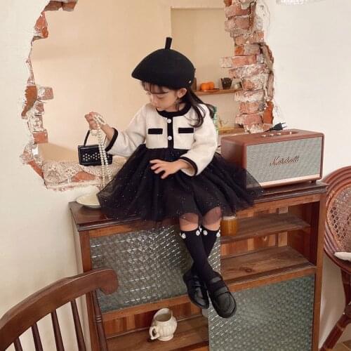 New 2021 Girls Dress Classic Fashion Tweed Kids Clothes Fall Winter Long Sleeves Patchwork Princess Party Dress for 2-7T Baby