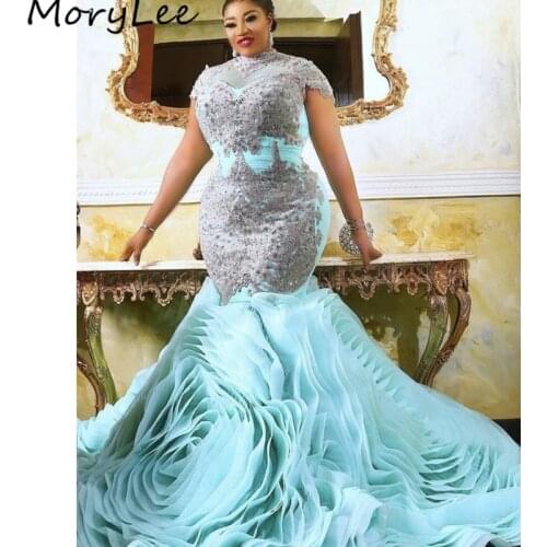 Luxury Prom Dresses Mermaid Organza Silver Lace Applique Crystal Beaded Prom Dresses With Lace Up vestidos de fiesta de noche