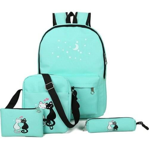 4 Pcs Teenager Cute Cat Print Backpack Bag Set Unisex School Rucksack Shoulder Bags Pencil Case Sets New