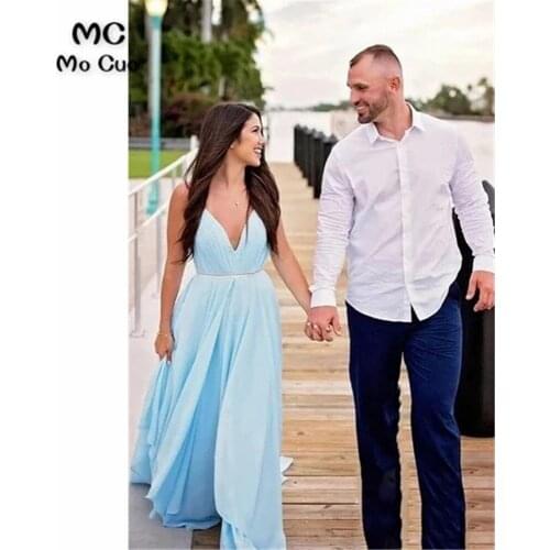 Sexy Sky Blue Evening Dresses Spaghetti Straps Chiffon Backless Long Prom Dress Chiffon Formal Evening Party Dress for Women