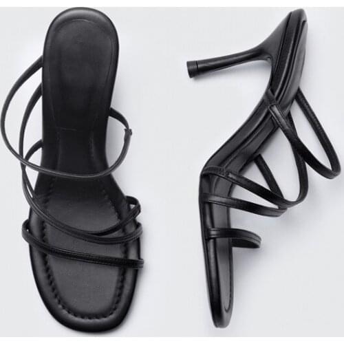 High Heele Slippers Shoes Woman 2021 Summer Pig Genuine Leather Thin Heels Modern Slippers Black Office Dress Shoe Sandalias