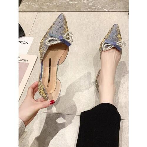 Sweet Bow Low-Heeled High-Heeled Shoes Spring And Summer New Fashion All-Match Pointed Shallow Mouth Ladies Single Shoes