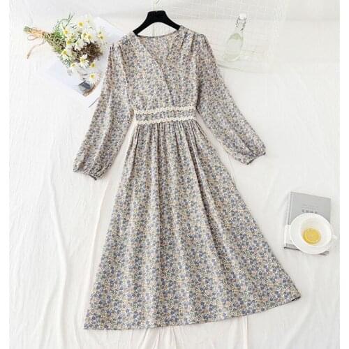 Vintage Floral Print Women Dress Elegant Ruffle Chiffon Party Dress Long Sleeve V Neck Midi Dress 2021 Spring Summer Dresses