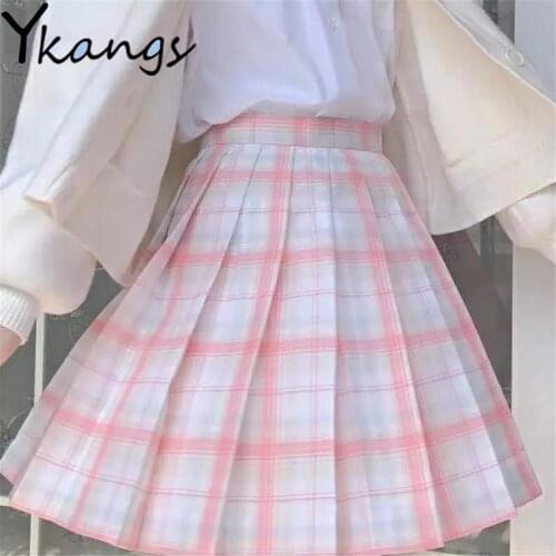 Japanese Preppy Style JK Kawaii Vitality Girl Clothing Pink Plaid Korean High-Waist Pleated A-Line Short Skirt Cute Sweet Summer