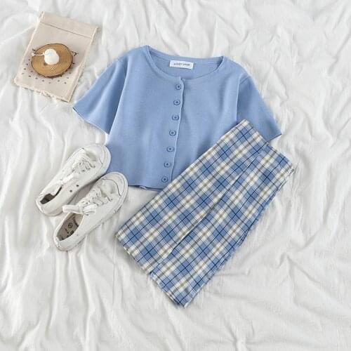 Girls Plaid skirt two piece] womens summer new high waist slim short Button Navel Top + A-line plaid skirt