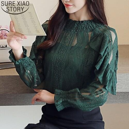 Ruffles Green Vintage Long Sleeve Hollow Out Clothes Spring Summer Lace Blouse Women Tops O-neck 2021 Women Blouses Blusas 14313