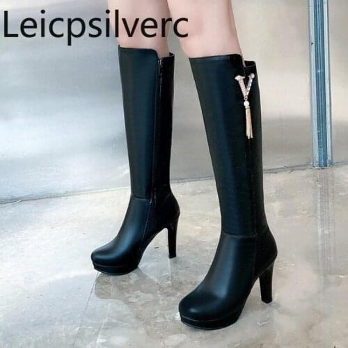 Womens Boots The New winter fashion Round head tassel High heel High tube Womens shoes plus size 32-43 Heel Height 10cm black