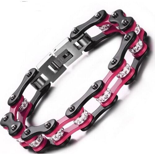 Women Gifts pink black Stainless steel Crystals drill Motorcycle Chain Design Fashion bracelet Bicycle chain 10mm 7.87