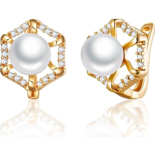 Luxury Pearl Stud Earrings Gold Silver Color Hexagon Cubic Zirconia Earrings with Pearls for Women Wedding Party Jewelry Gifts