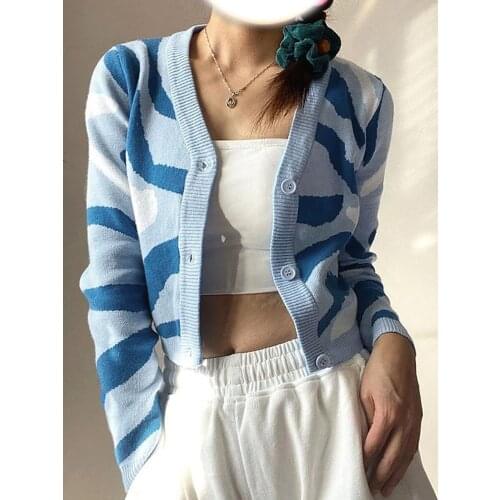 WYWMY Camouflage Knitted Cardigan Sweater Women V-neck Single-Breasted Fashion Water Ripple Cropped Top Lady Sweet Short Jacket