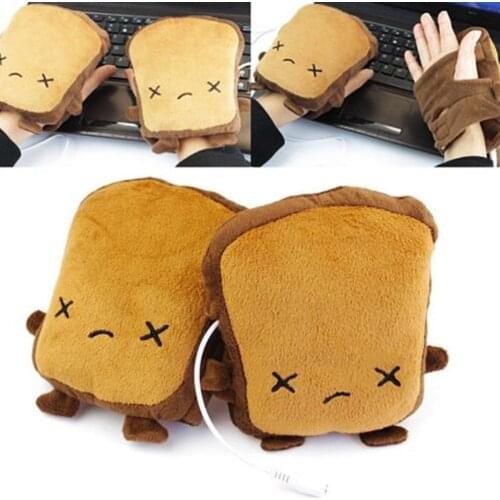 1 Pair Cute Cartoon Toast Soft Hand Warmer USB Heating Fingerless Gloves Mitten New Women Girl Warm Winter Gloves