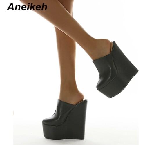 Aneikeh Fashion Womens Wedges Slippers Rivet 2021 NEW Spring/Autumn PU Round Toe Zapatos De Mujer Solid Patchwork Ladies Shoes