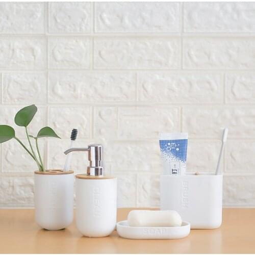 Bamboo Wood Soap Dispenser Shampoo Bottle Mouth Cup Toothbrush Holder Toothpaste Holder Soap Dish Bathroom Accessories Set