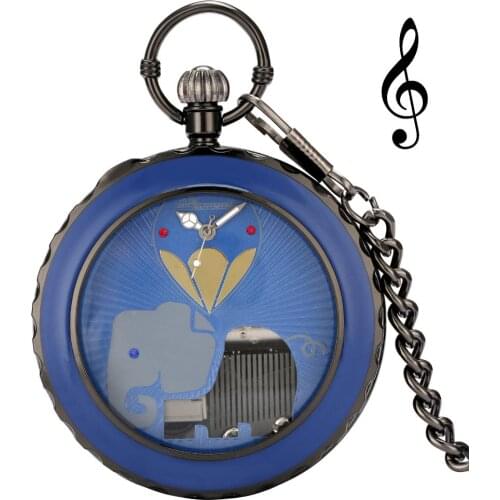 Elephant Animal Dial Blue Hand Crank Playing Music Quartz Pocket Watch Musical Movement FOB Steampunk Chain Watch for Men Women