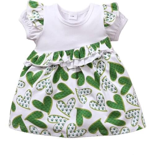 Childrens Infant Clothes Girls Lace Round Neck Short Sleeve Oblique Pleated Waist Love Printed Dress