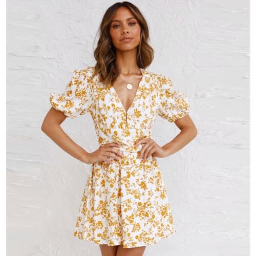 Maxi Yellow Printed Dress for Summer Women 2021 Boho V-Neck Collect Waist Fashion Sexy Mini Dresses for Female Party