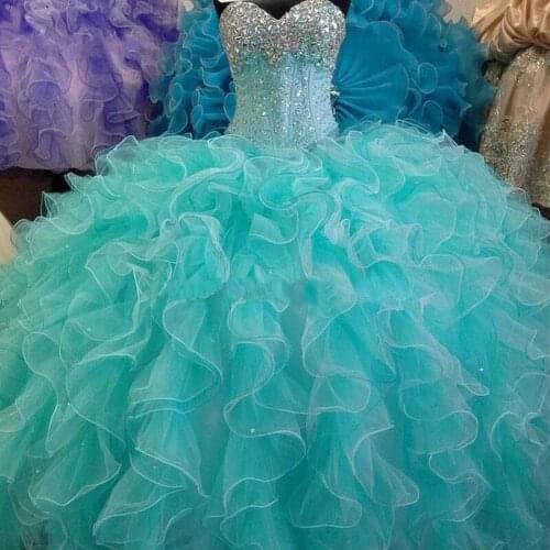 Sweetheart Organza Ball Gown Quinceanera Dresses 15 Party Sparkly Crystals Beaded Floor-Length Formal Princess Birthday Gowns